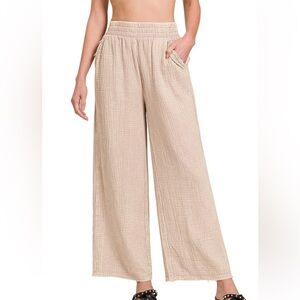 Washed Double Gauze Elastic Band Waist Pants|Ash Mocha